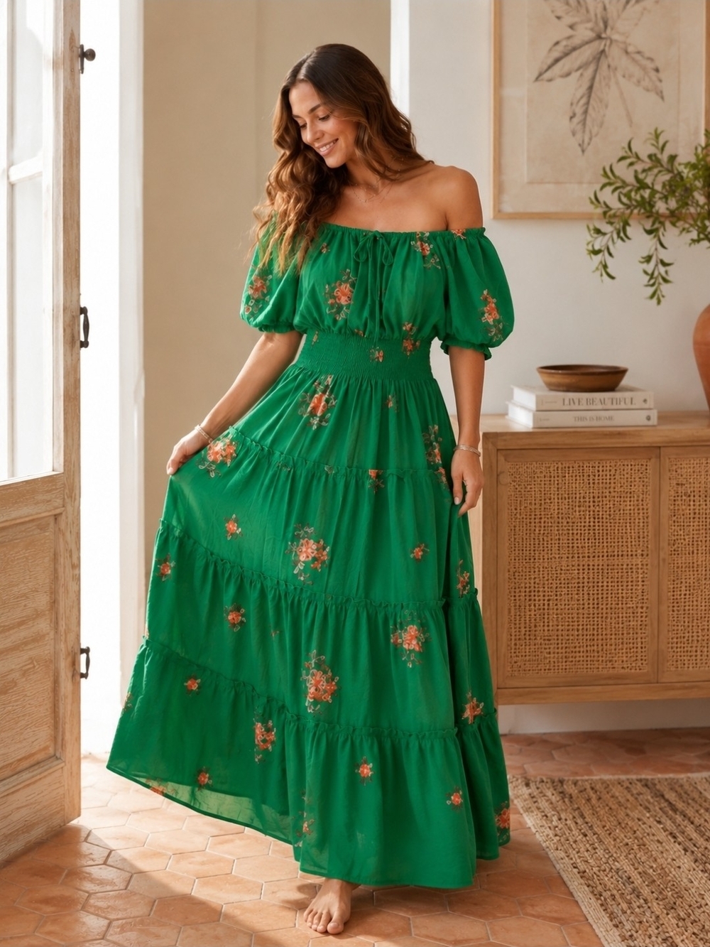 Anthropologie Kindred Green Floral Embroidered Boho Maxi Dress Sz L Puff Sleeves